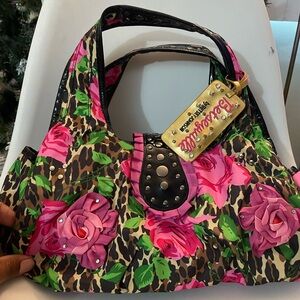 Betsey Johnson Floral Leopard Print Satchel Bag Studded Pink Roses NWOT